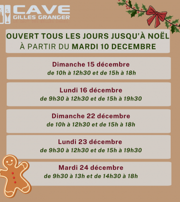 OUVERTURE DATES ET HORAIRES NOËL 2024
