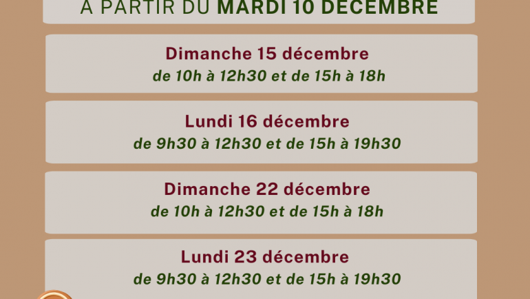 OUVERTURE DATES ET HORAIRES NOËL 2024